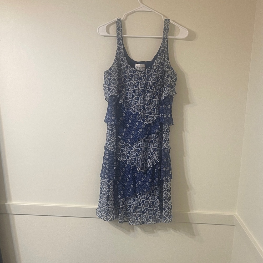 Elegant Blue Patterned Ruffle Mini Dress